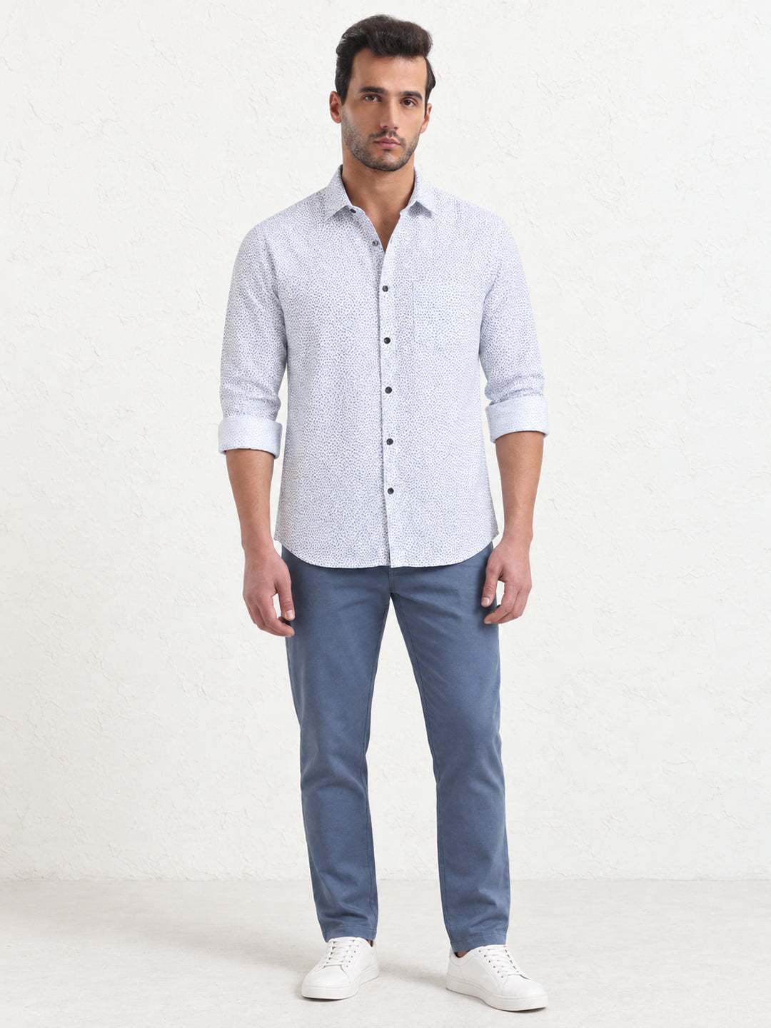 Men’s Micro Printed White Slim Fit Long Sleeves Shirt
