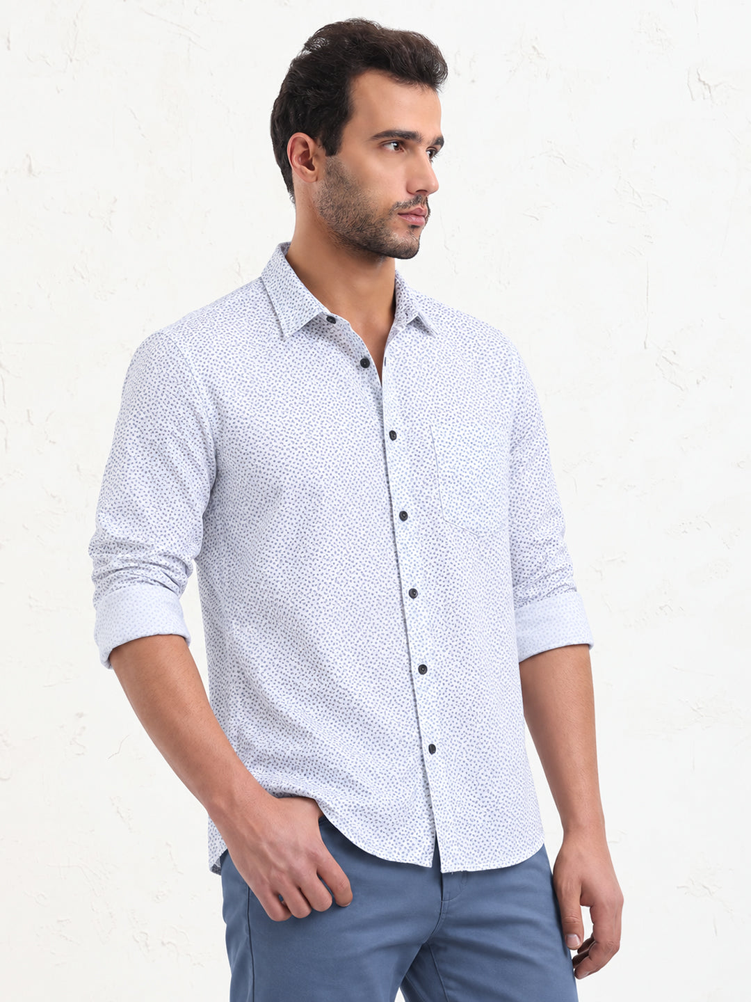 Men’s Micro Printed White Slim Fit Long Sleeves Shirt