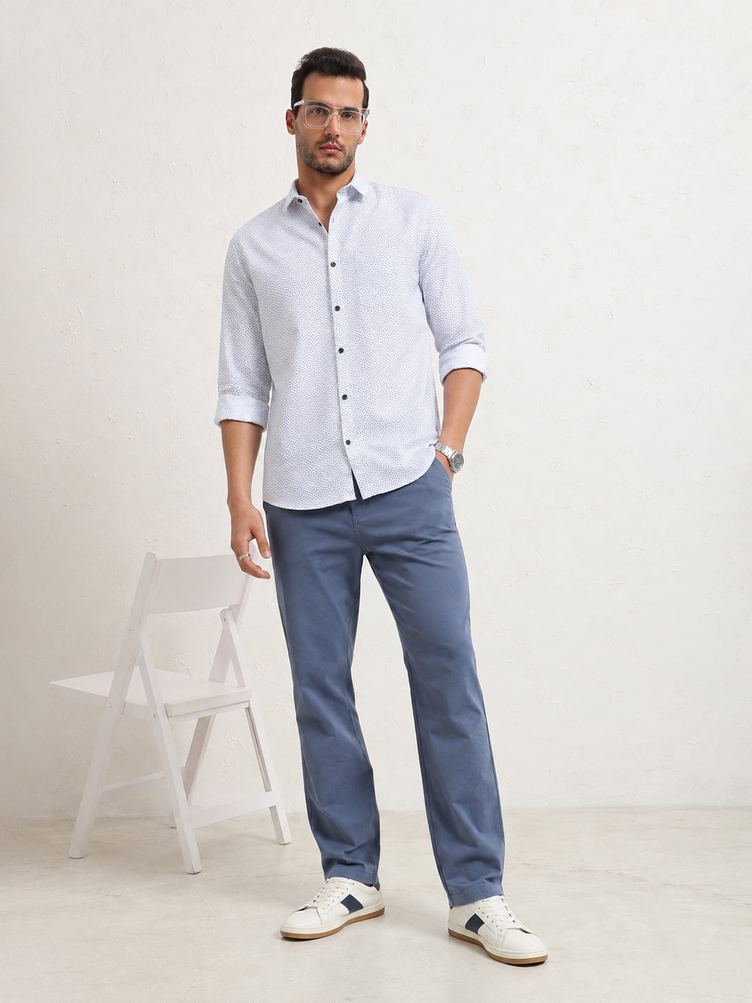 Men’s Micro Printed White Slim Fit Long Sleeves Shirt