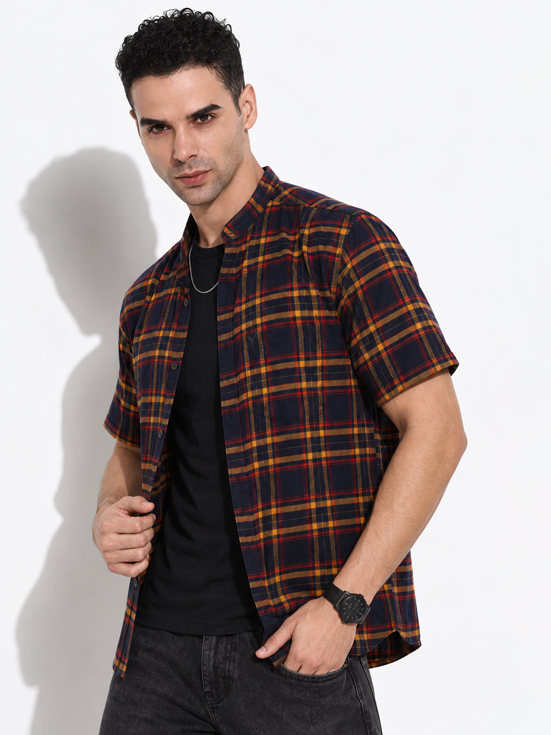 Men’s Checked Navy Blue Regular Fit Mandarin Collar Casual Shirt