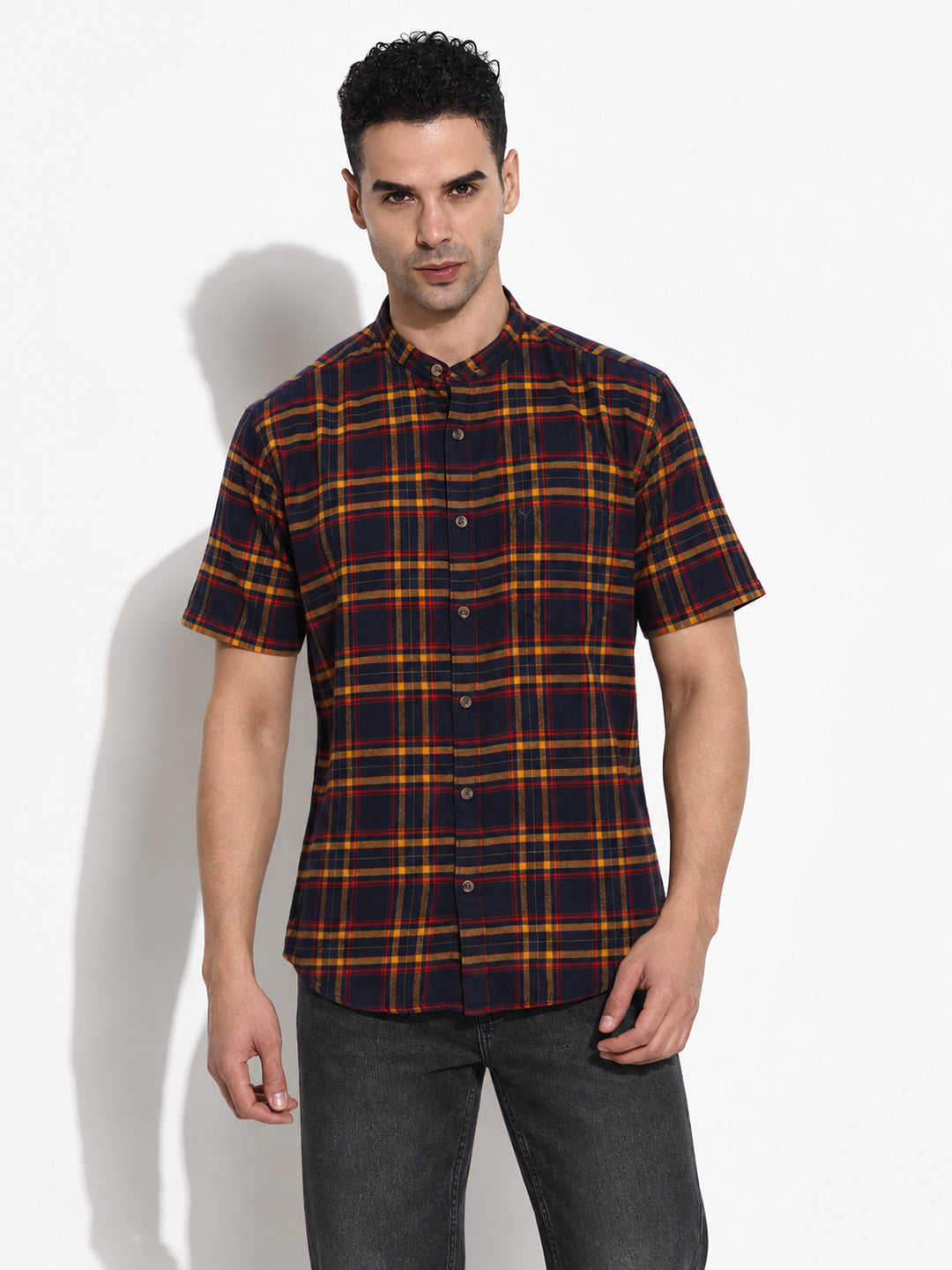 Men’s Checked Navy Blue Regular Fit Mandarin Collar Casual Shirt