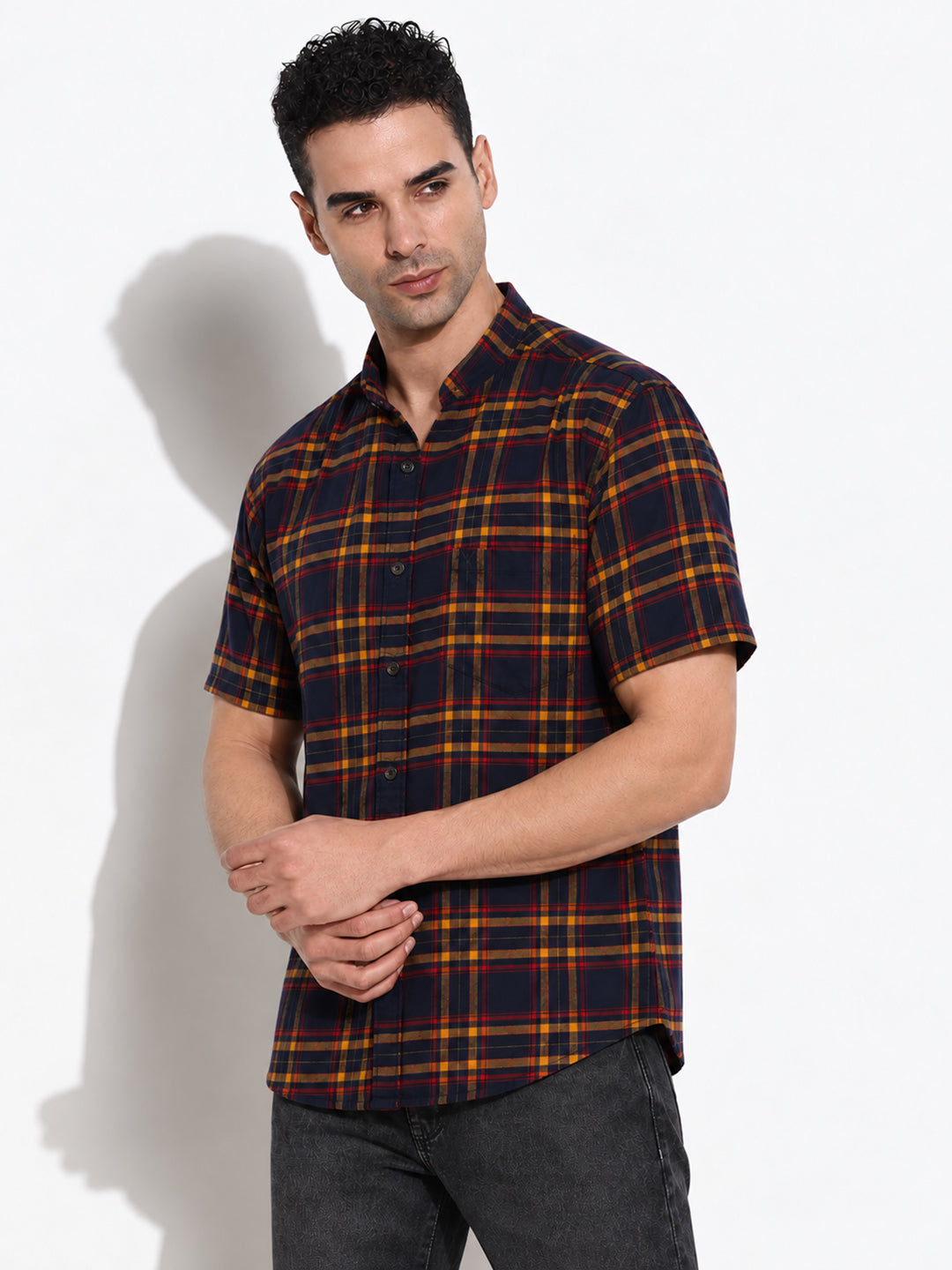 Men’s Checked Navy Blue Regular Fit Mandarin Collar Casual Shirt