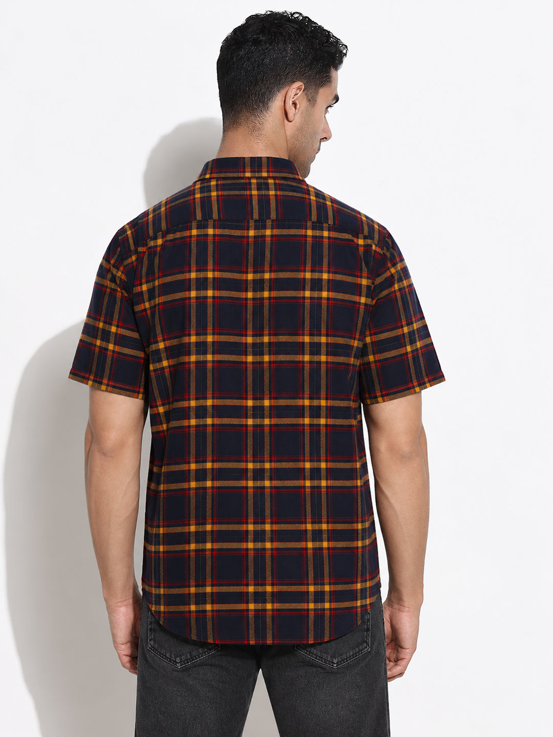 Men’s Checked Navy Blue Regular Fit Mandarin Collar Casual Shirt