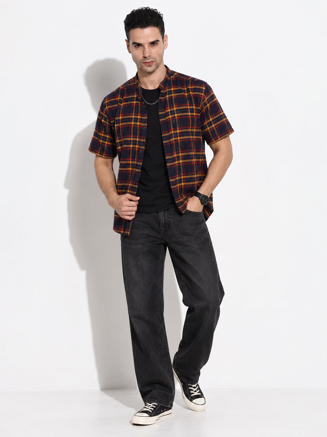 Men’s Checked Navy Blue Regular Fit Mandarin Collar Casual Shirt