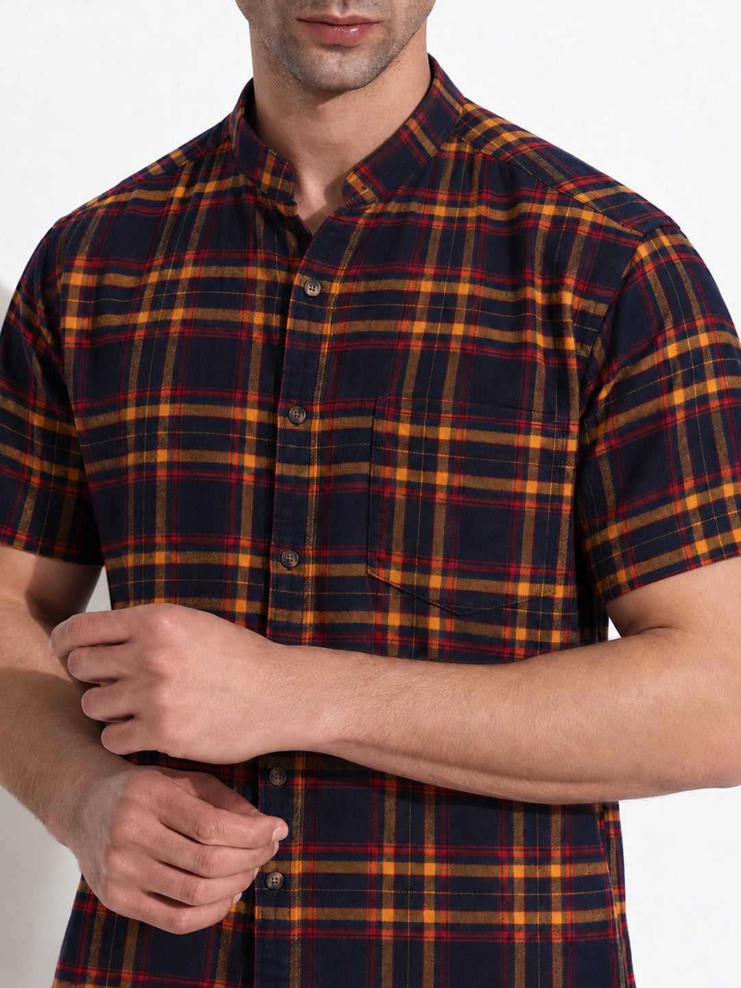 Men’s Checked Navy Blue Regular Fit Mandarin Collar Casual Shirt