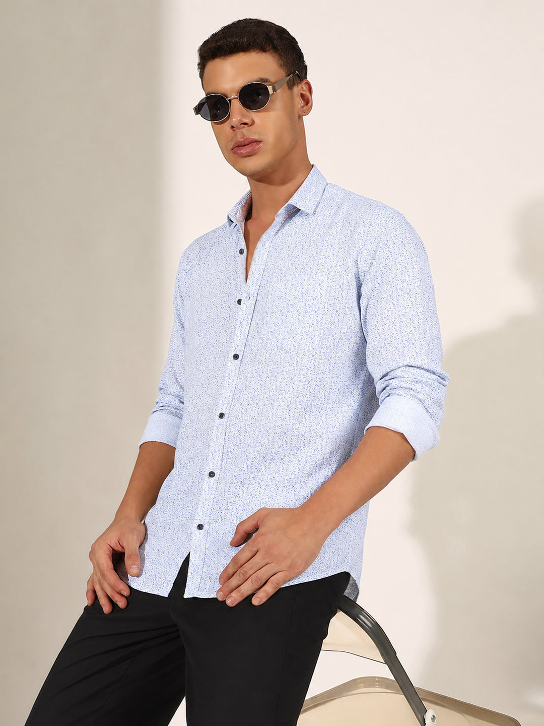 Men’s Printed Blue Slim Fit Long Sleeve Casual Shirt