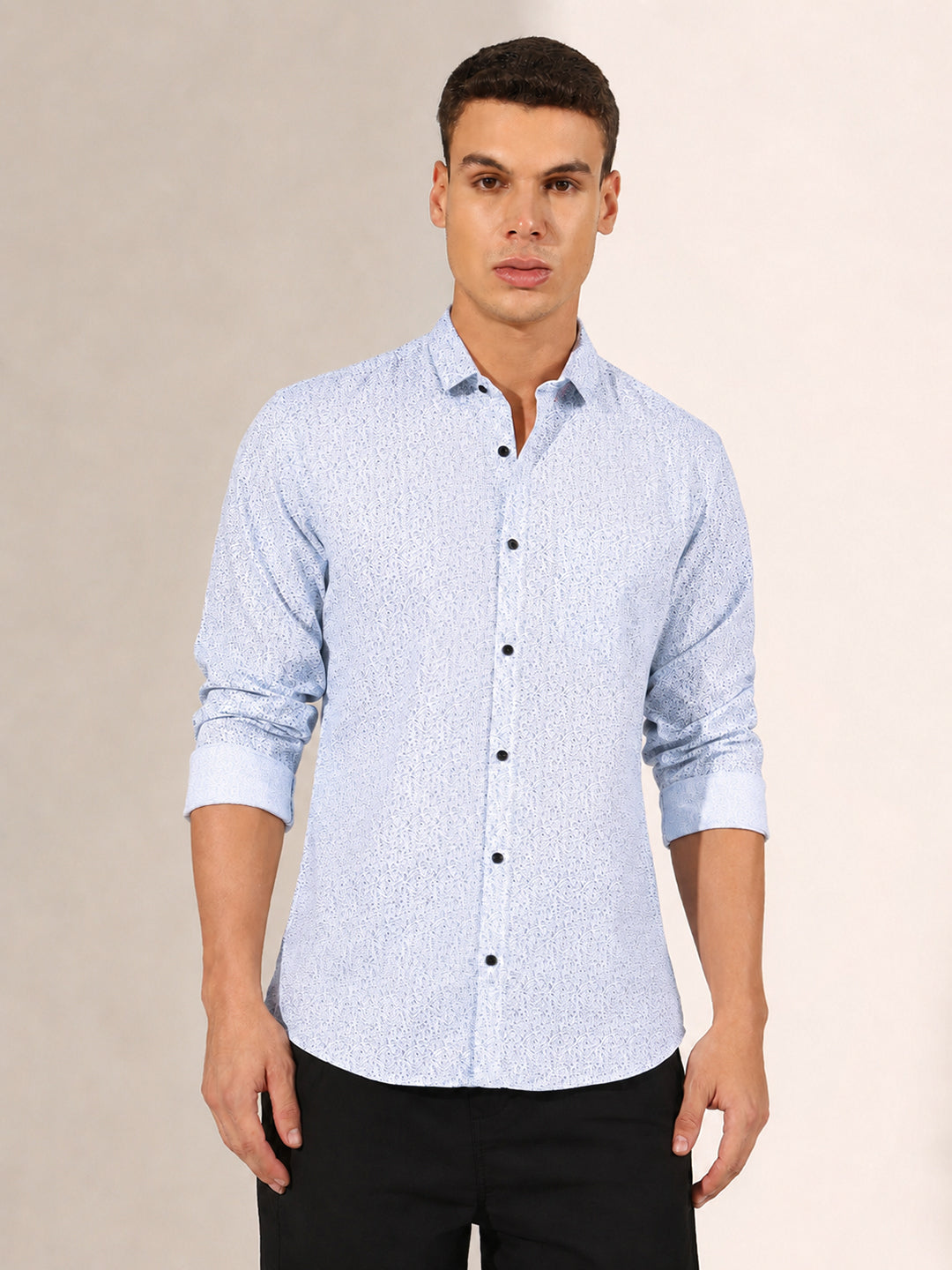 Men’s Printed Blue Slim Fit Long Sleeve Casual Shirt