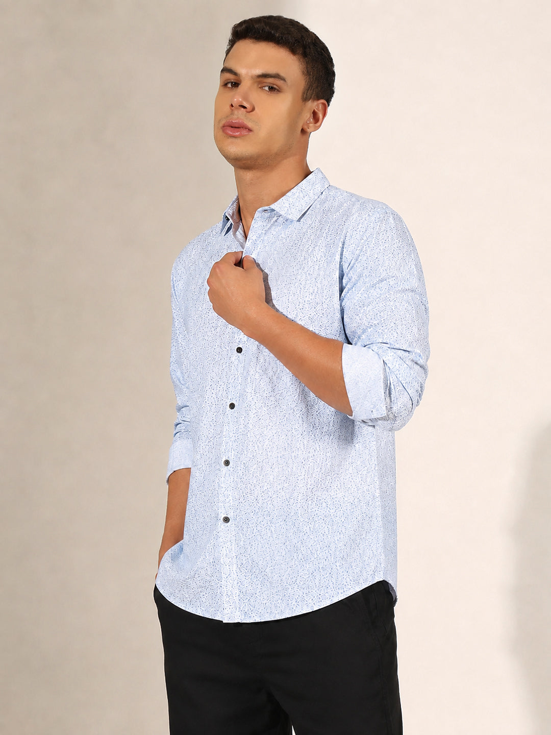 Men’s Printed Blue Slim Fit Long Sleeve Casual Shirt