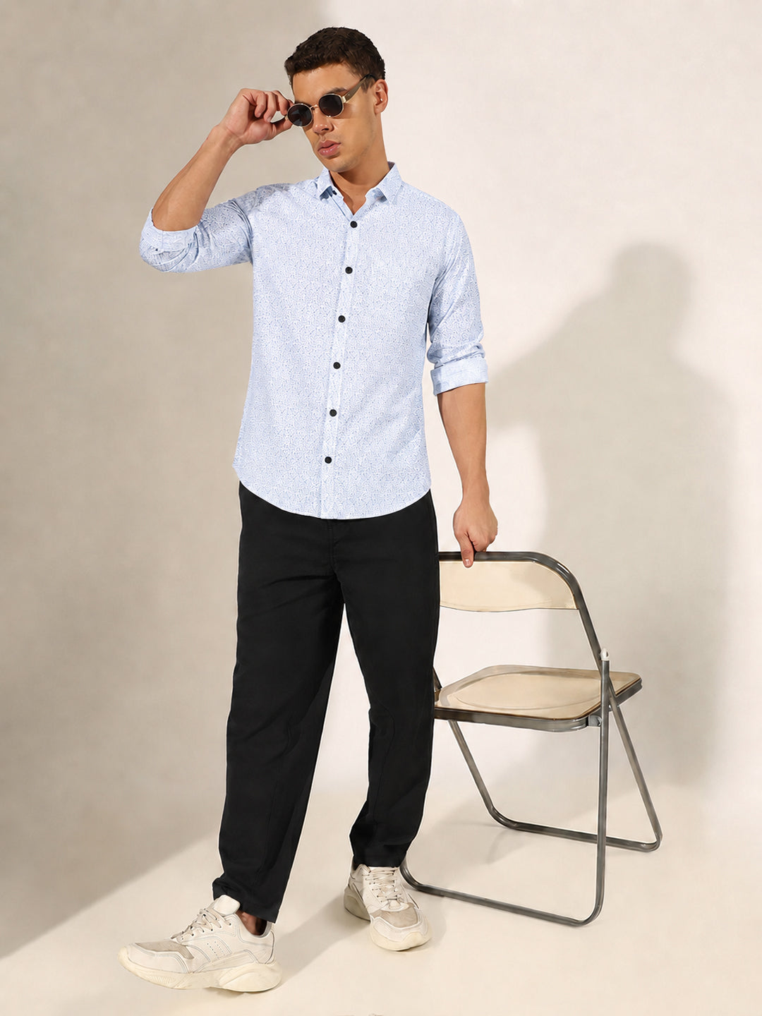 Men’s Printed Blue Slim Fit Long Sleeve Casual Shirt