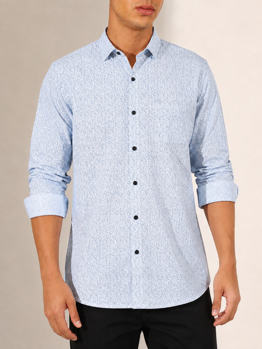 Men’s Printed Blue Slim Fit Long Sleeve Casual Shirt