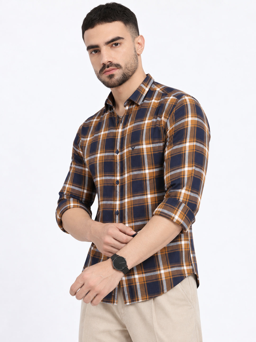 Men’s Checked Yellow Slim Fit Long Sleeves Casual Shirt