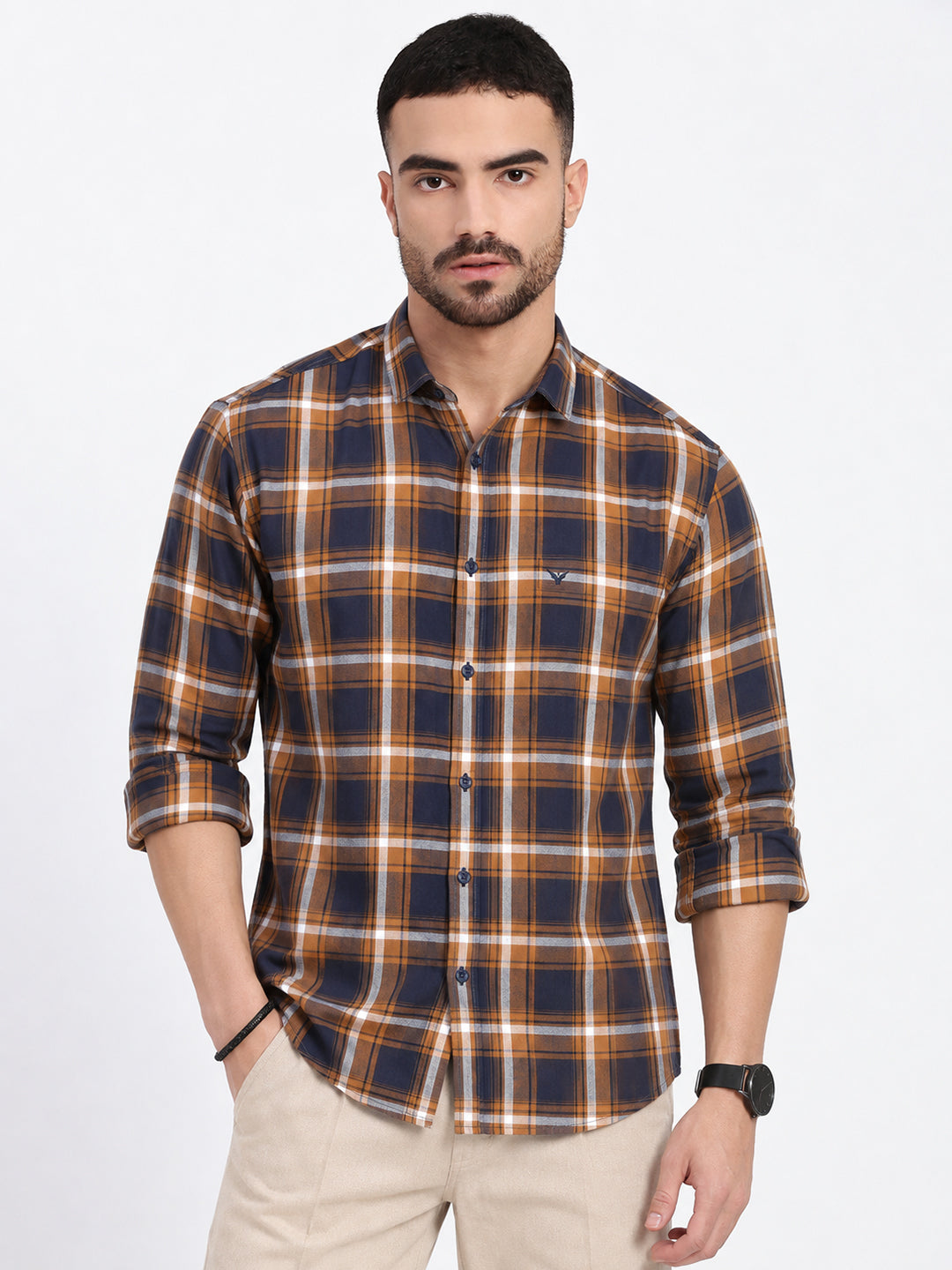 Men’s Checked Yellow Slim Fit Long Sleeves Casual Shirt