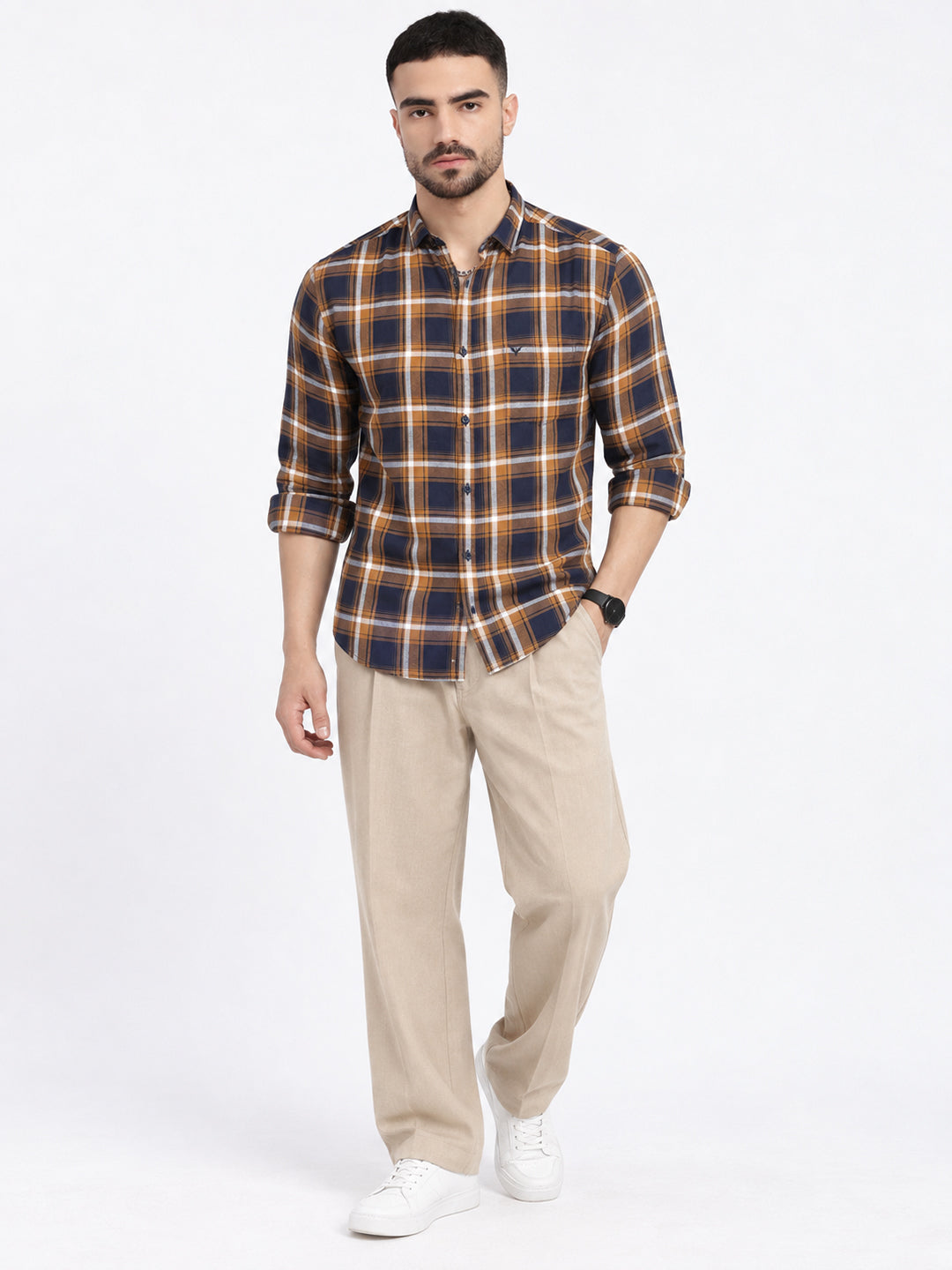 Men’s Checked Yellow Slim Fit Long Sleeves Casual Shirt