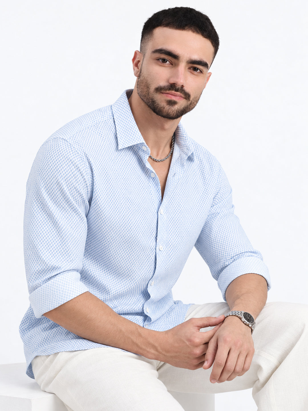 Men’s Micro Printed White Slim Fit Long Sleeves Shirt