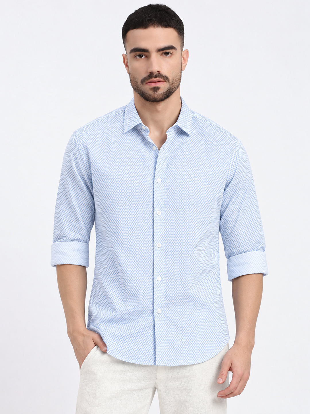 Men’s Micro Printed White Slim Fit Long Sleeves Shirt