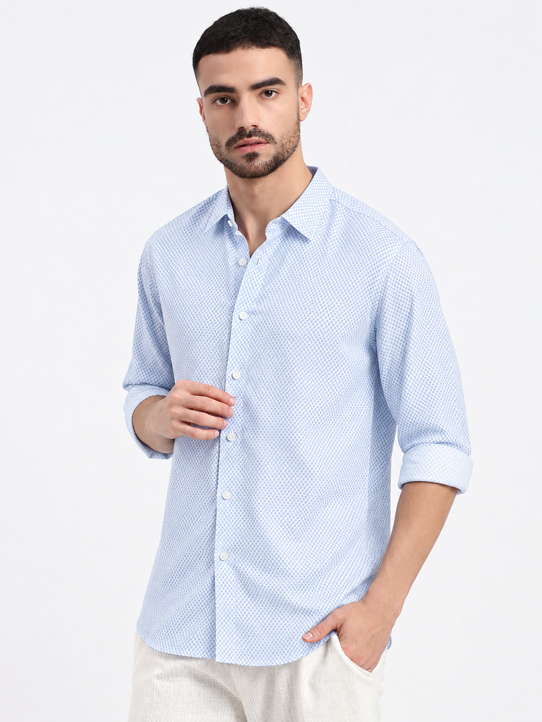 Men’s Micro Printed White Slim Fit Long Sleeves Shirt