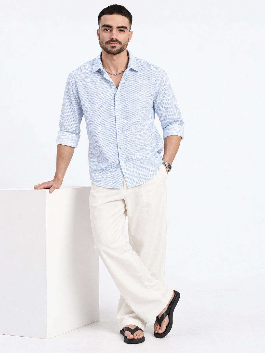 Men’s Micro Printed White Slim Fit Long Sleeves Shirt