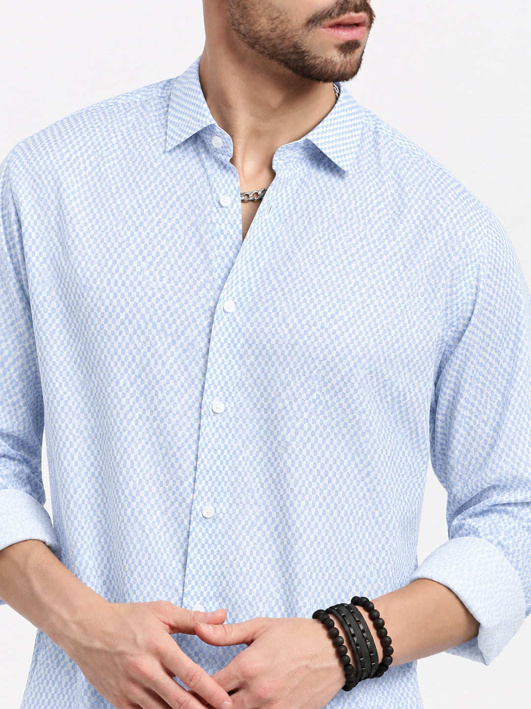 Men’s Micro Printed White Slim Fit Long Sleeves Shirt