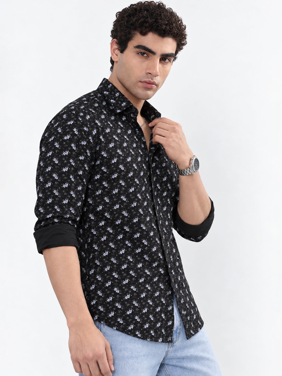 Men’s Floral Printed Black Slim Fit Casual Shirt with Spread Collar