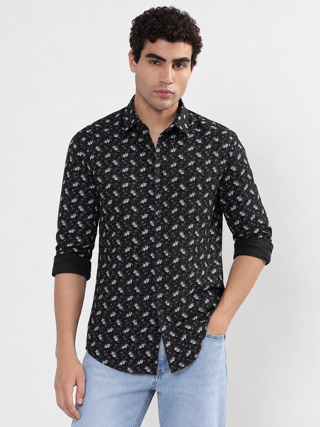 Men’s Floral Printed Black Slim Fit Casual Shirt with Spread Collar