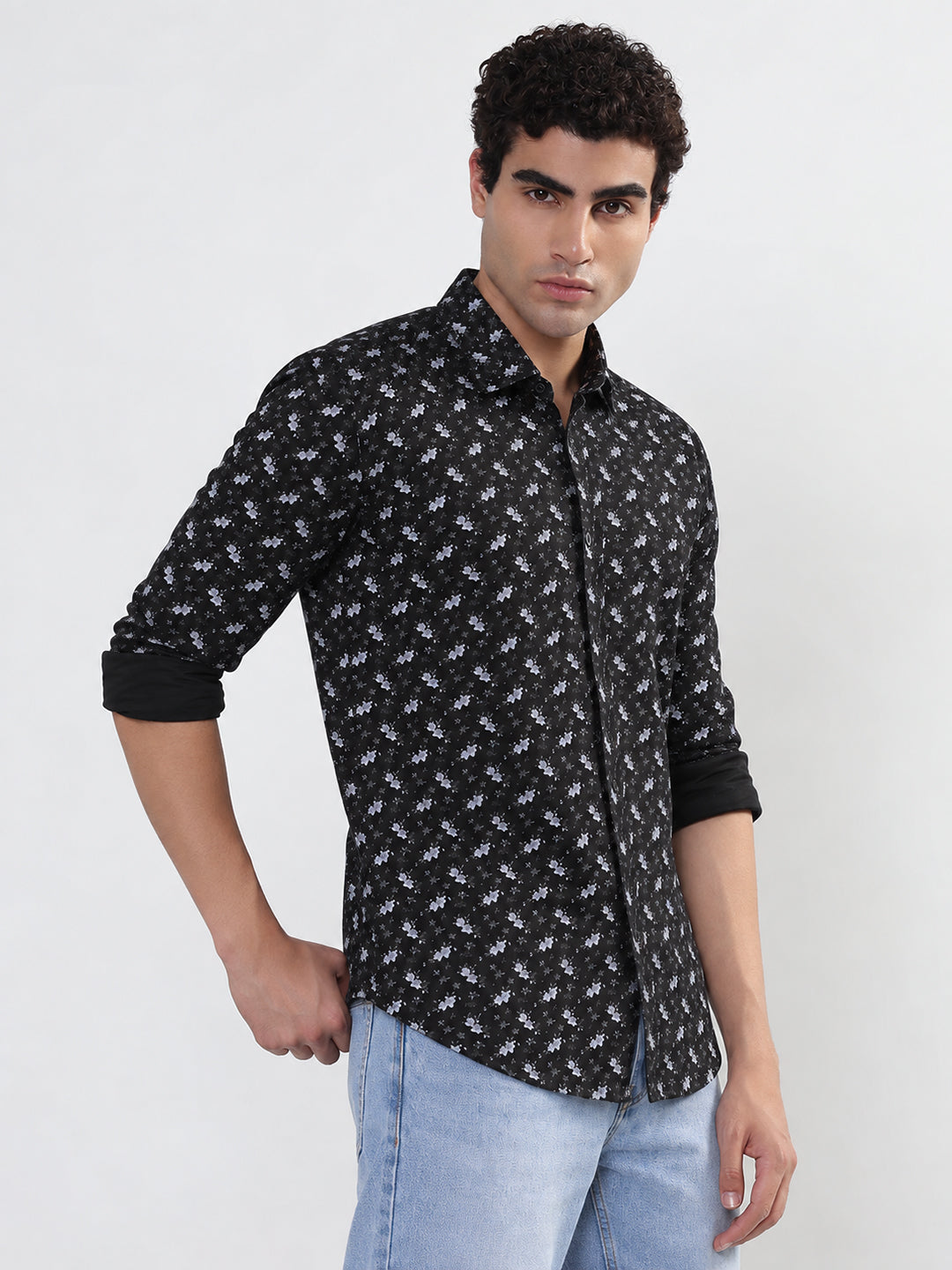 Men’s Floral Printed Black Slim Fit Casual Shirt with Spread Collar