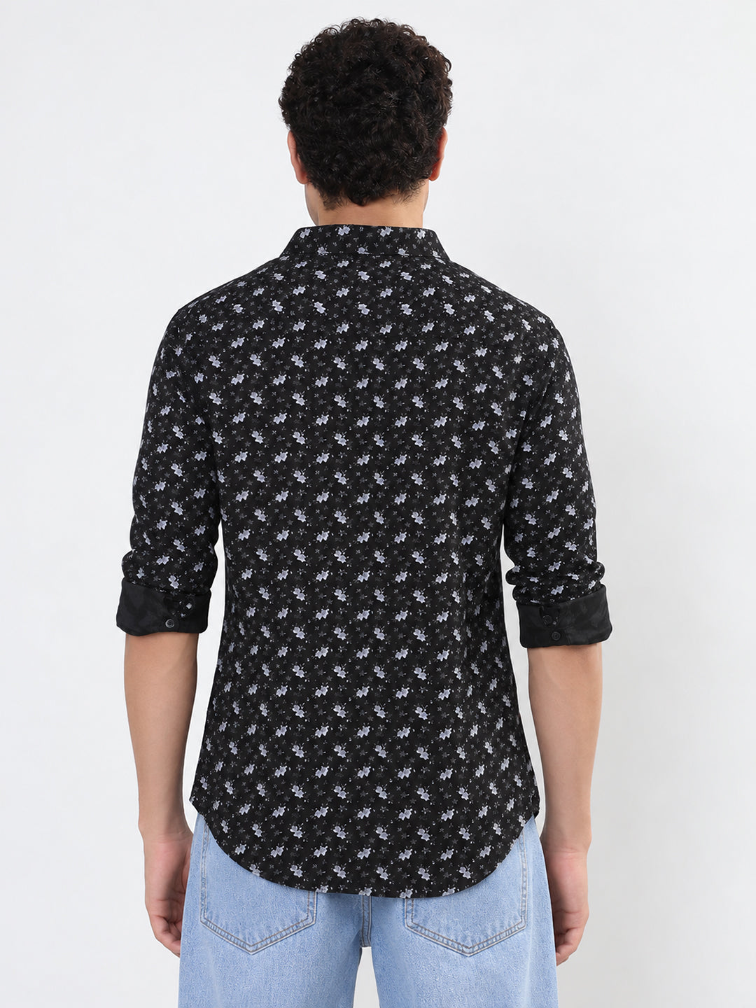Men’s Floral Printed Black Slim Fit Casual Shirt with Spread Collar