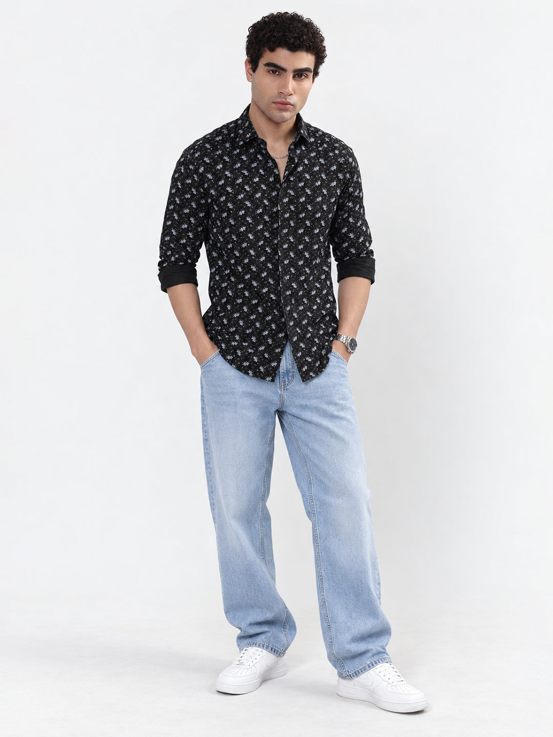 Men’s Floral Printed Black Slim Fit Casual Shirt with Spread Collar