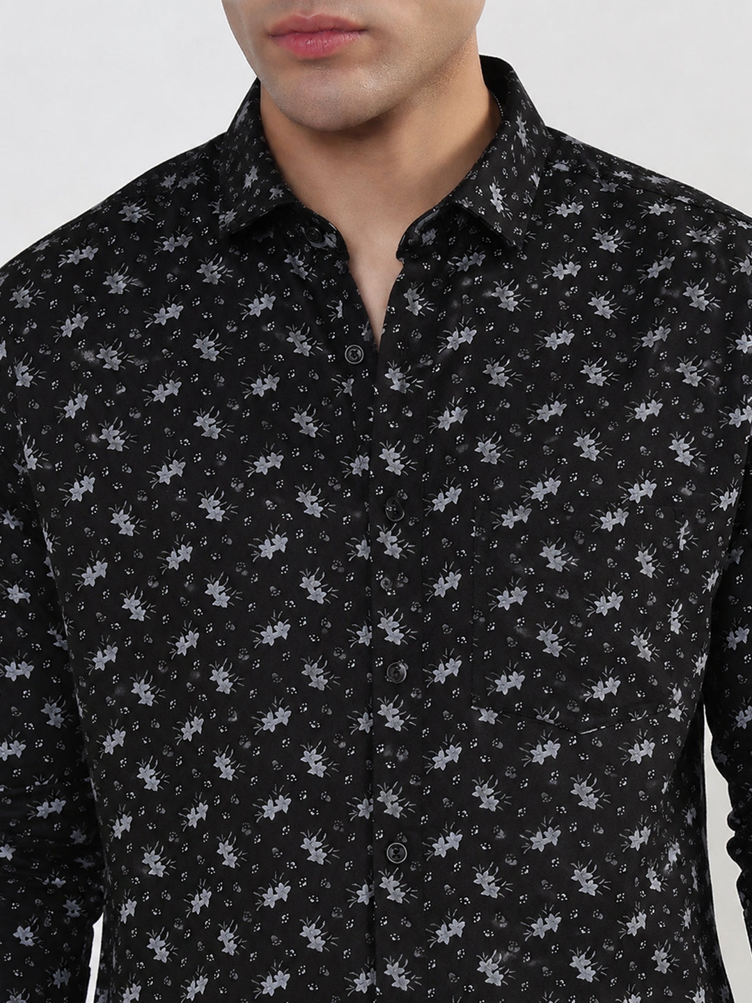Men’s Floral Printed Black Slim Fit Casual Shirt with Spread Collar