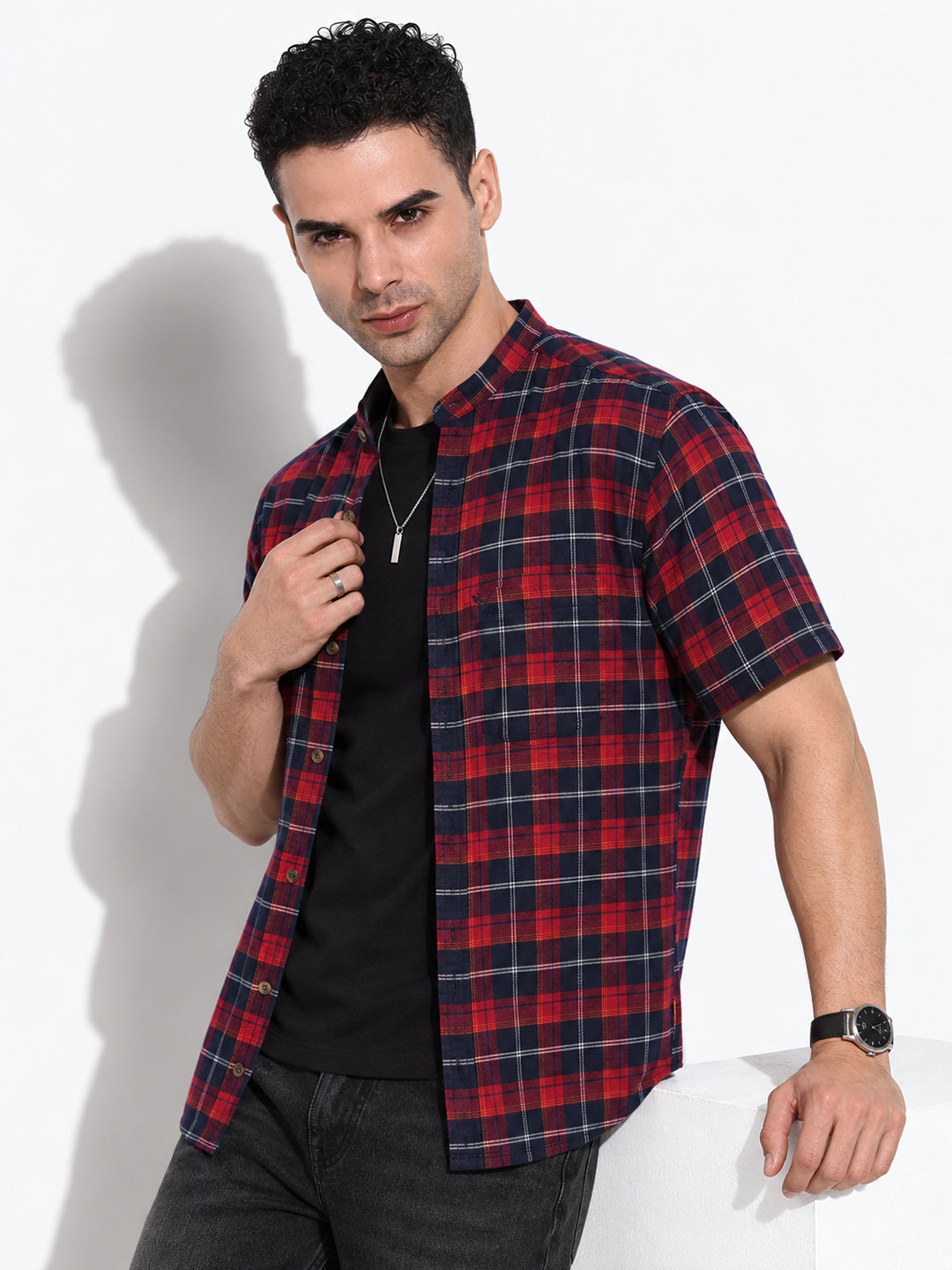 Men’s Checked Navy Blue Regular Fit Mandarin Collar Short Sleeves Casual Shirt