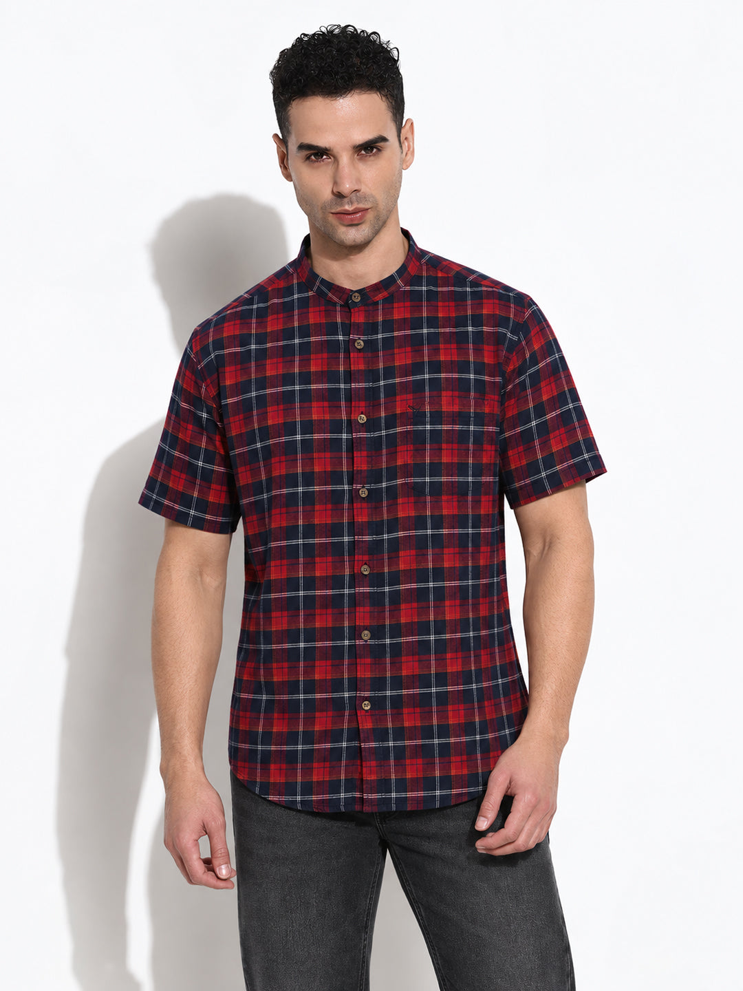 Men’s Checked Navy Blue Regular Fit Mandarin Collar Short Sleeves Casual Shirt