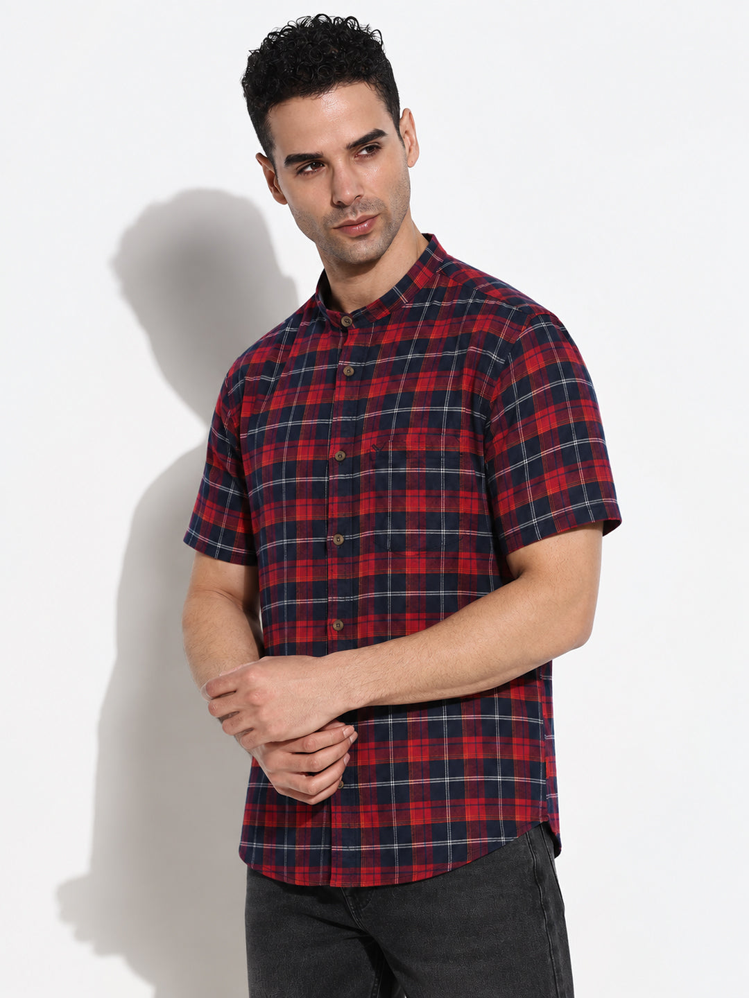 Men’s Checked Navy Blue Regular Fit Mandarin Collar Short Sleeves Casual Shirt