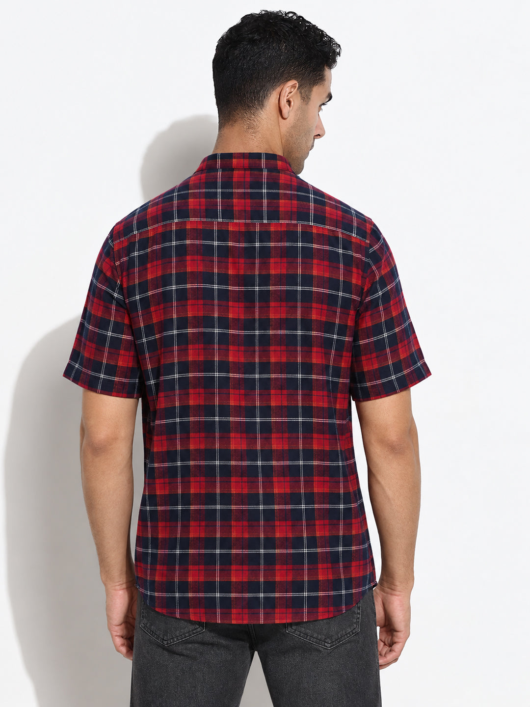 Men’s Checked Navy Blue Regular Fit Mandarin Collar Short Sleeves Casual Shirt