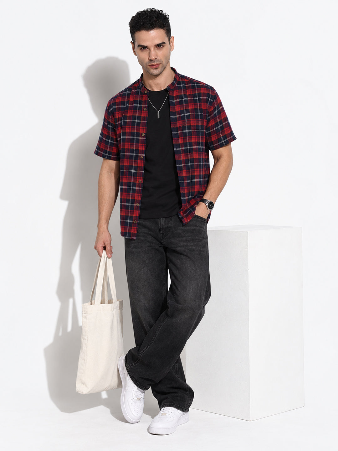 Men’s Checked Navy Blue Regular Fit Mandarin Collar Short Sleeves Casual Shirt