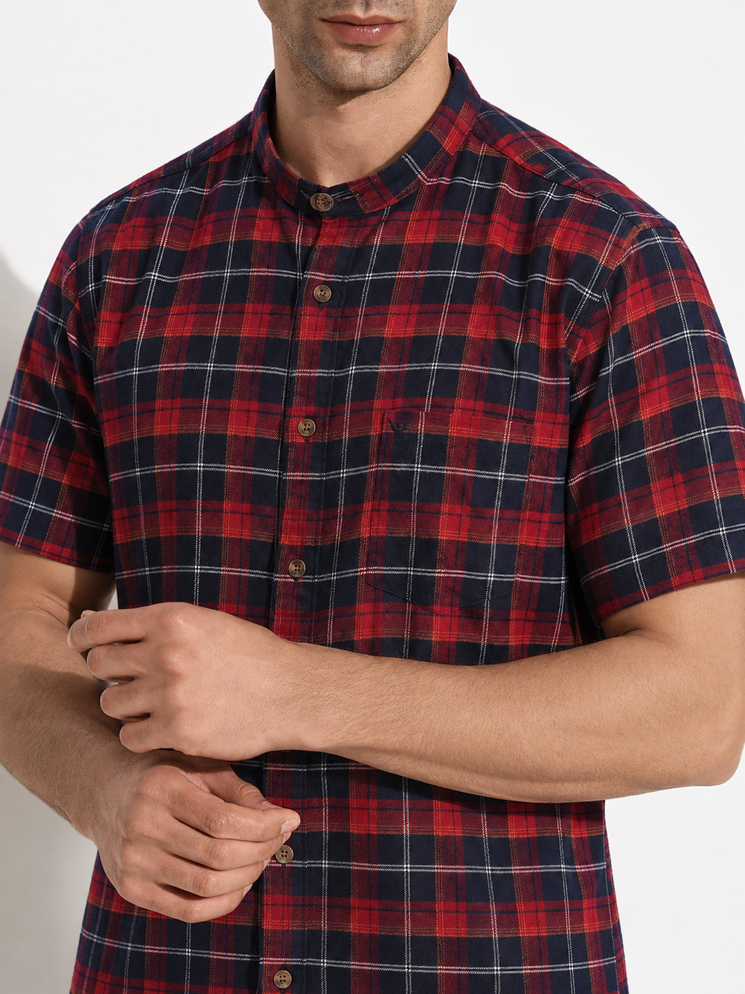 Men’s Checked Navy Blue Regular Fit Mandarin Collar Short Sleeves Casual Shirt