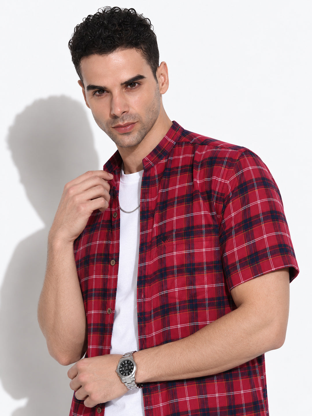 Men’s Checked Red Regular Fit Mandarin Collar Short Sleeves Shirt