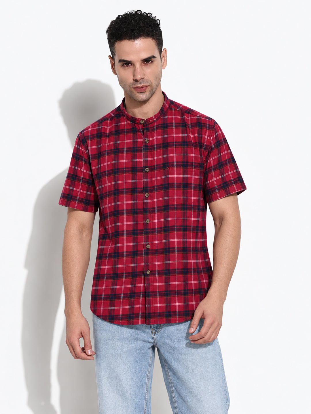Men’s Checked Red Regular Fit Mandarin Collar Short Sleeves Shirt