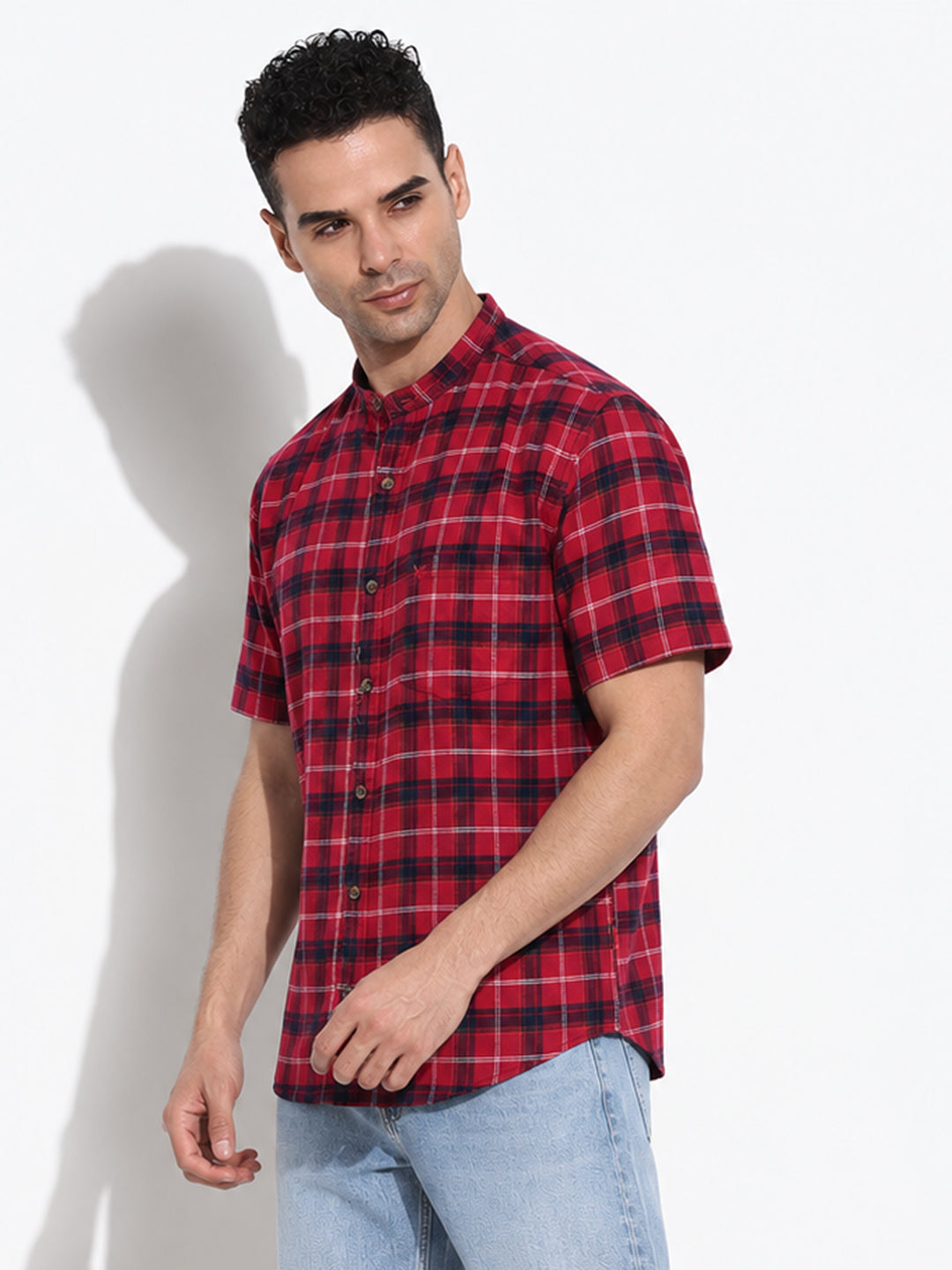 Men’s Checked Red Regular Fit Mandarin Collar Short Sleeves Shirt