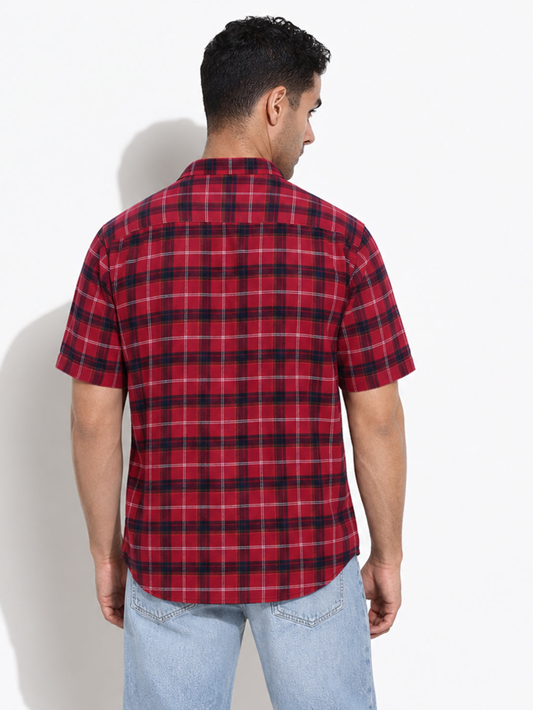 Men’s Checked Red Regular Fit Mandarin Collar Short Sleeves Shirt