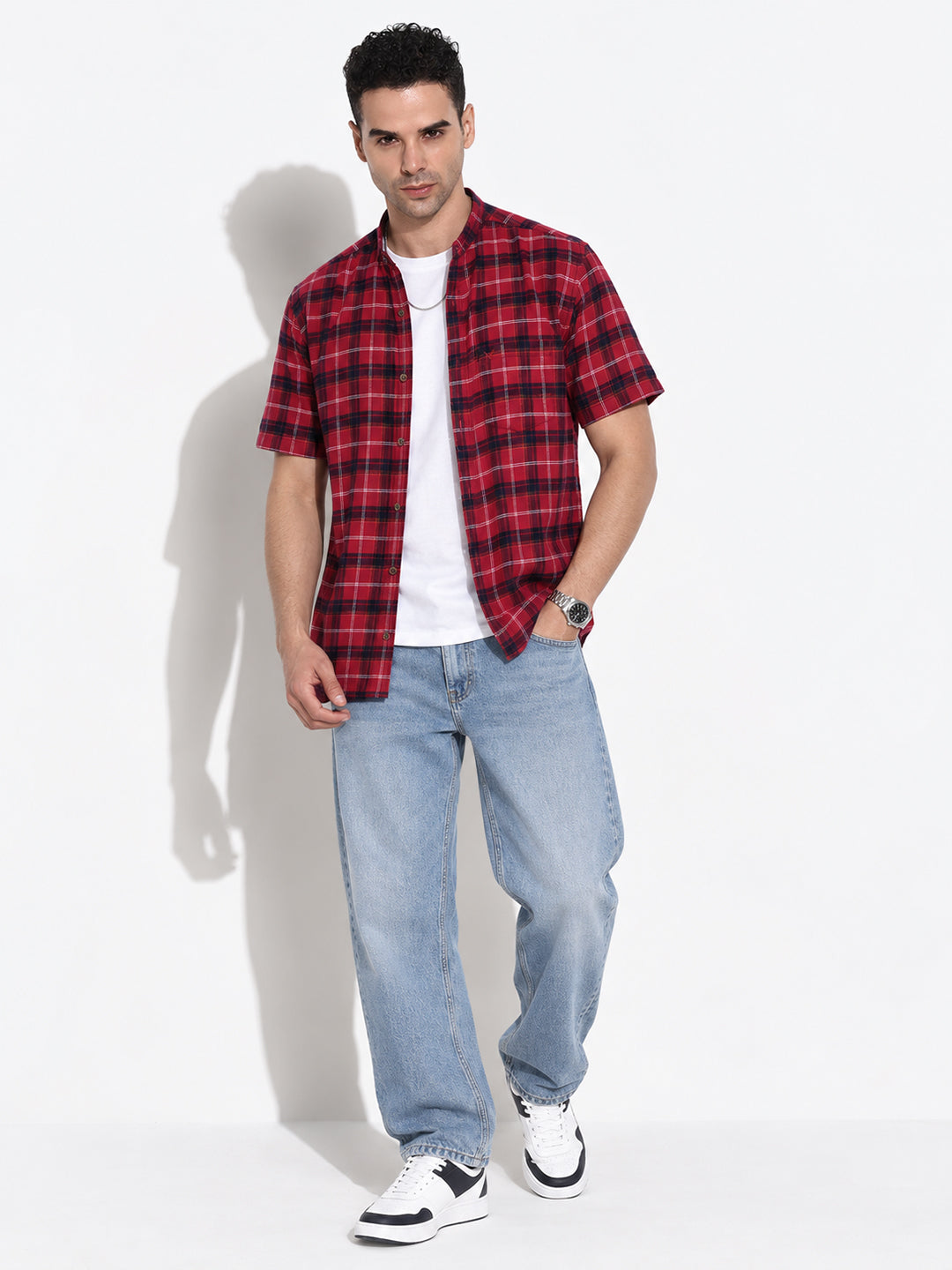 Men’s Checked Red Regular Fit Mandarin Collar Short Sleeves Shirt