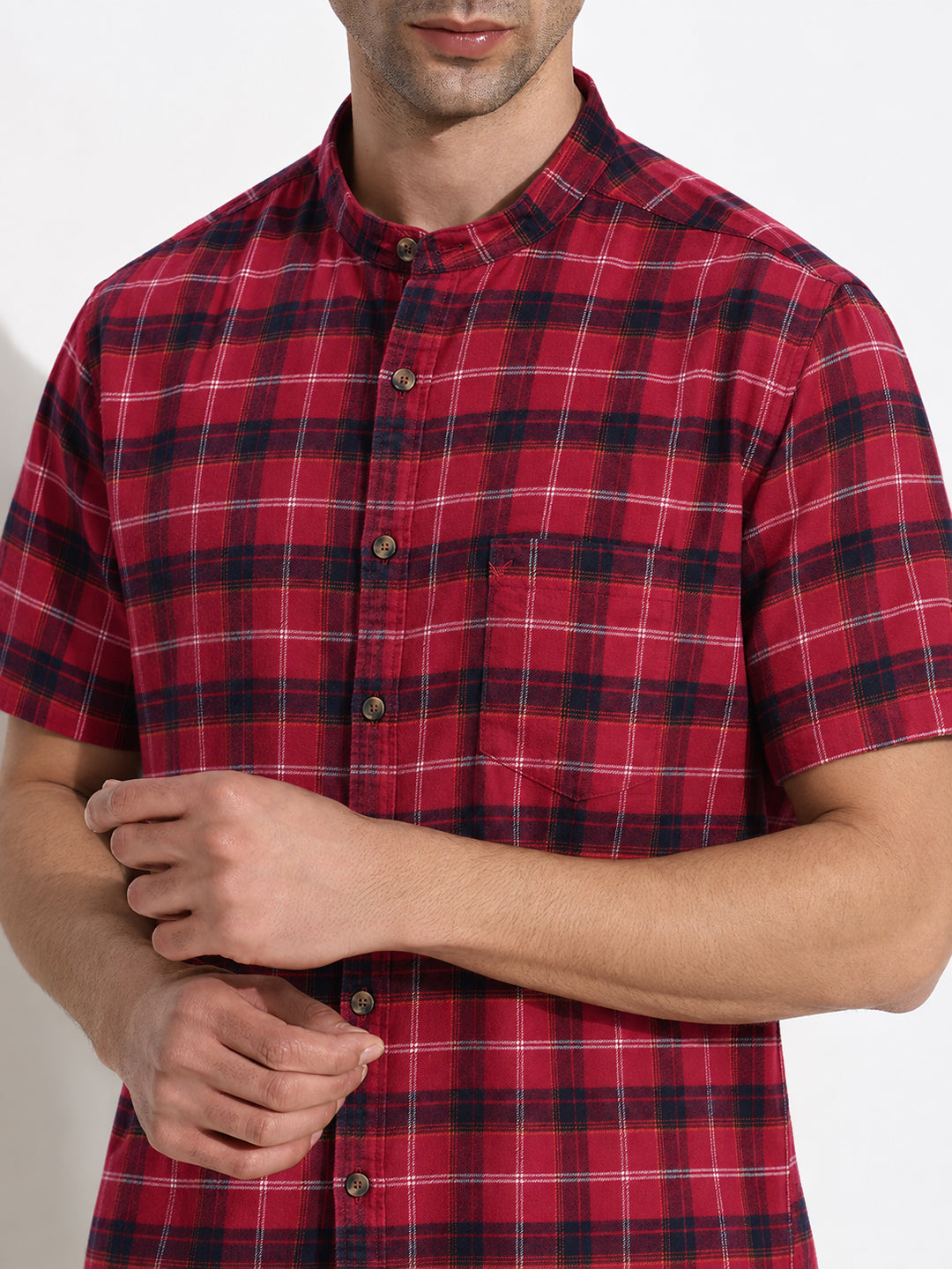 Men’s Checked Red Regular Fit Mandarin Collar Short Sleeves Shirt