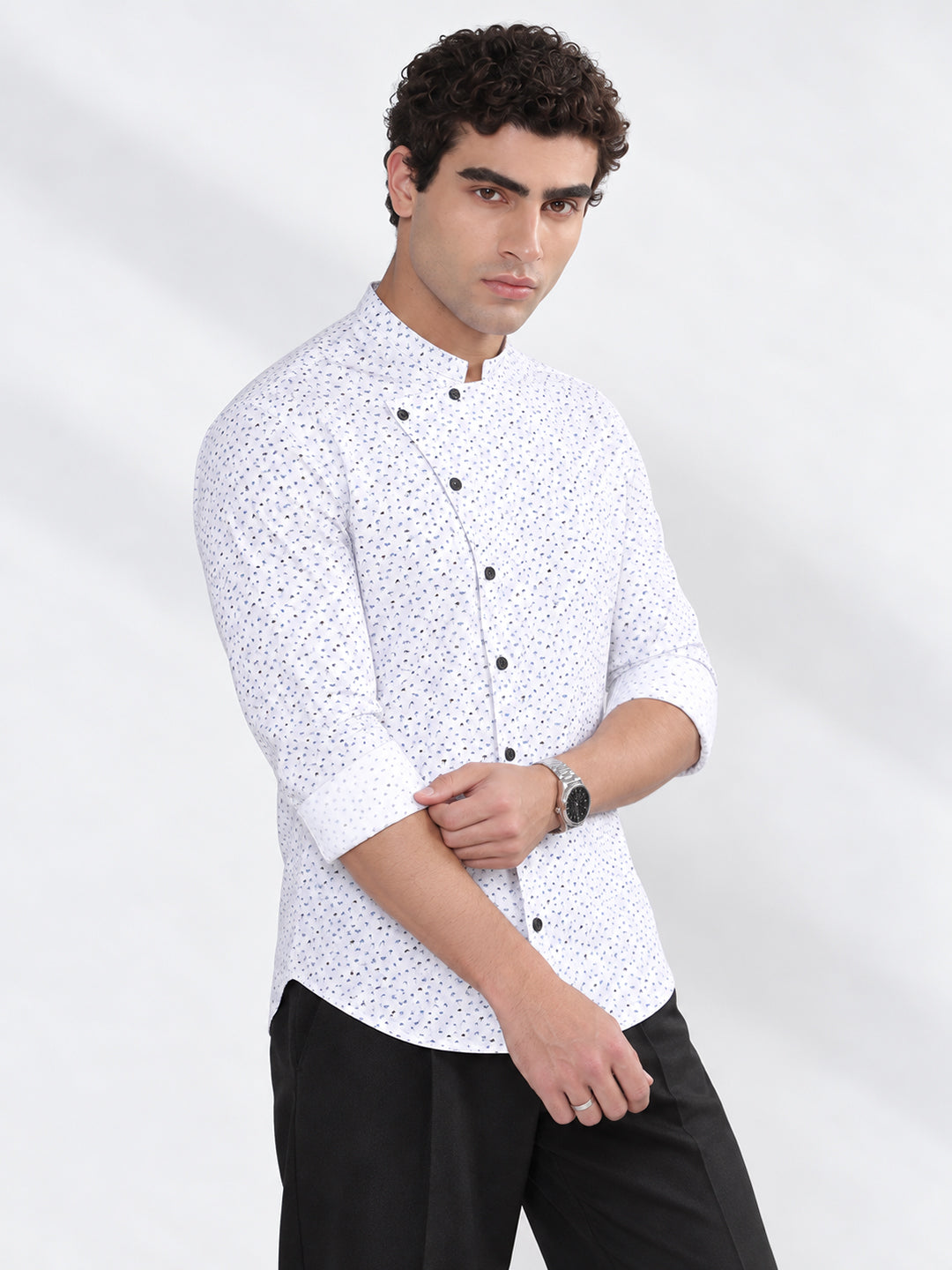 Men’s Micro Printed White Slim Fit Mandarin Collar Long Sleeves Shirt