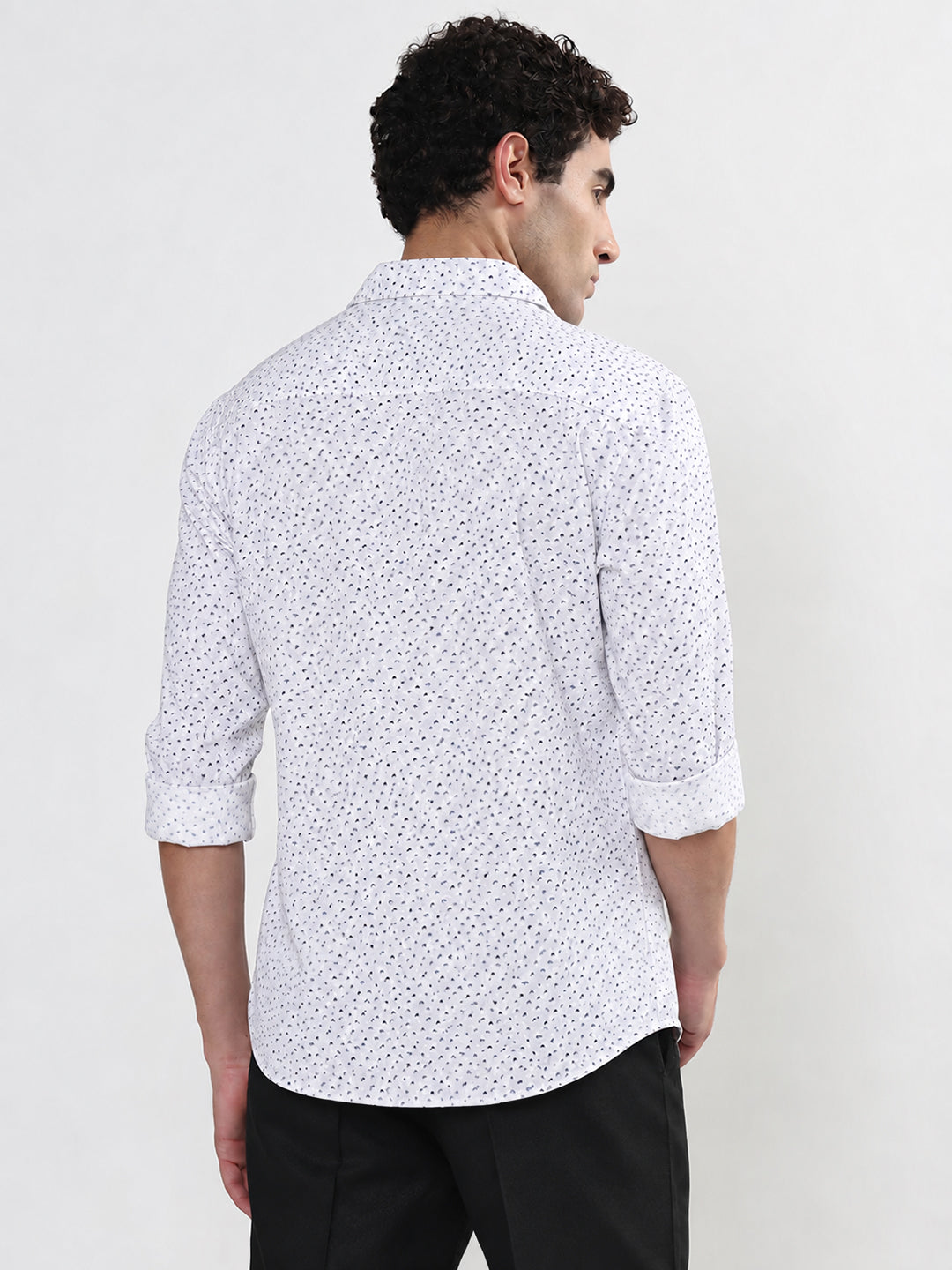 Men’s Micro Printed White Slim Fit Mandarin Collar Long Sleeves Shirt