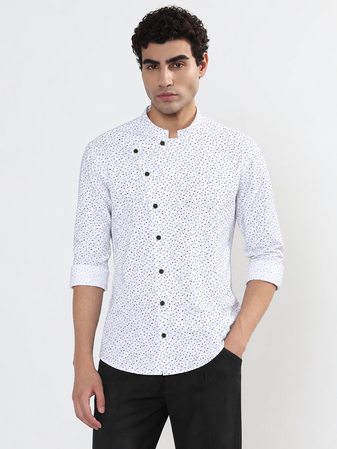 Men’s Micro Printed White Slim Fit Mandarin Collar Long Sleeves Shirt