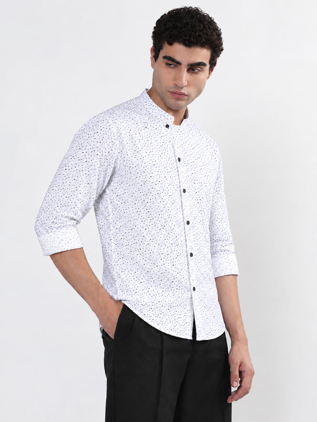 Men’s Micro Printed White Slim Fit Mandarin Collar Long Sleeves Shirt