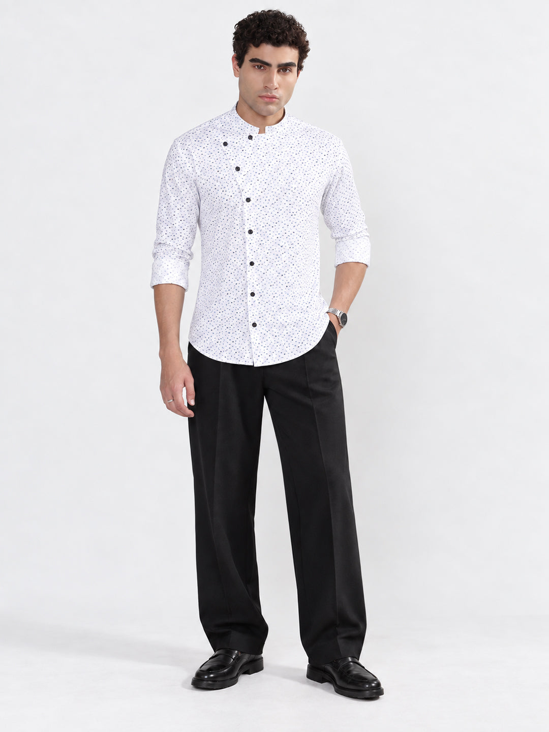 Men’s Micro Printed White Slim Fit Mandarin Collar Long Sleeves Shirt