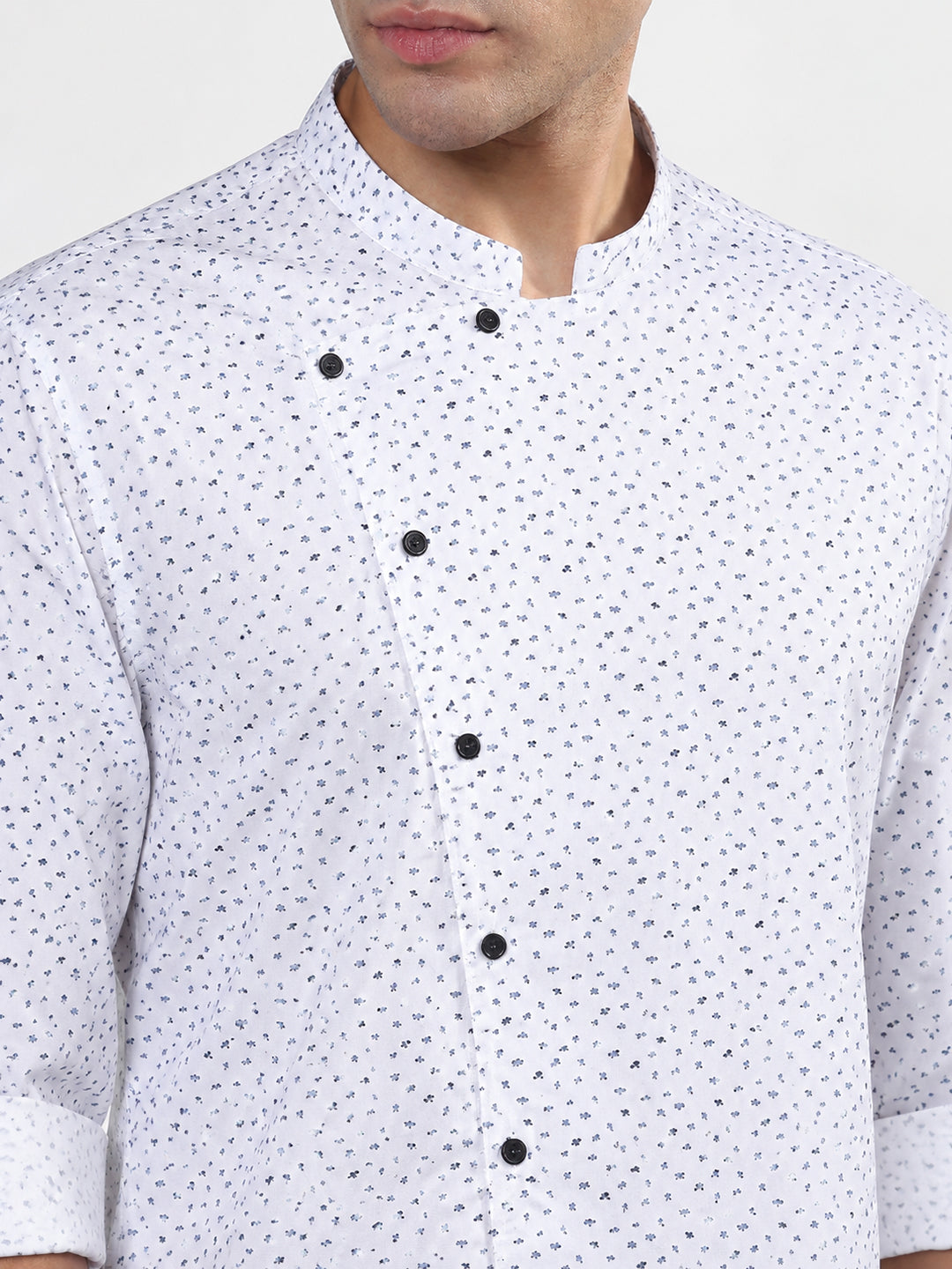Men’s Micro Printed White Slim Fit Mandarin Collar Long Sleeves Shirt