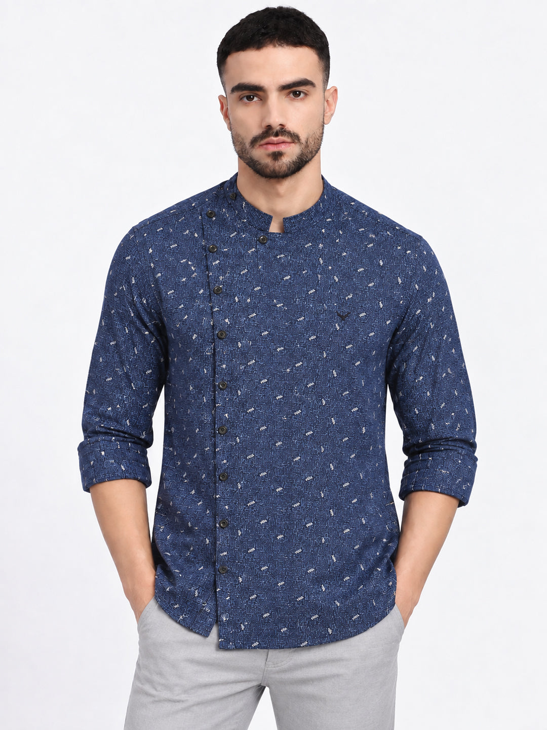 Men’s Printed Blue Slim Fit Mandarin Collar Long Sleeves Shirt