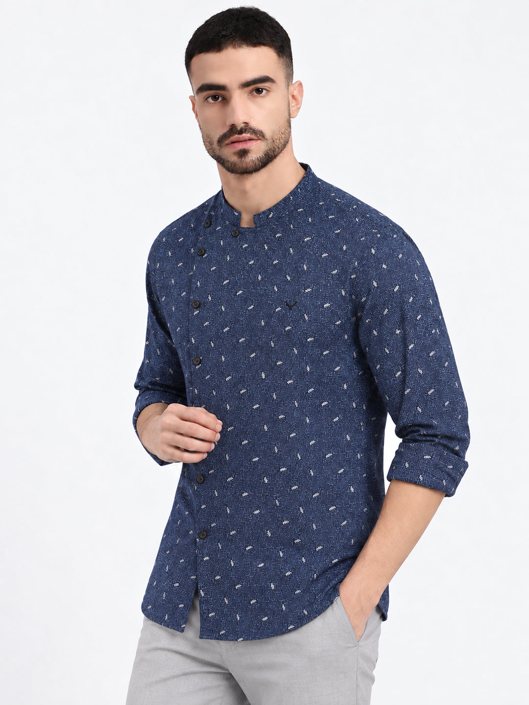 Men’s Printed Blue Slim Fit Mandarin Collar Long Sleeves Shirt