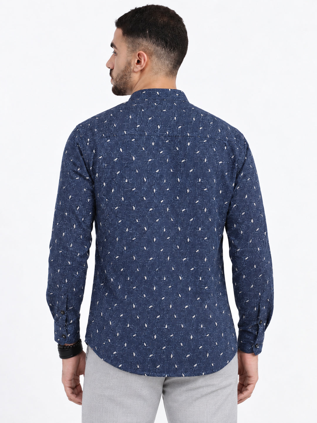 Men’s Printed Blue Slim Fit Mandarin Collar Long Sleeves Shirt