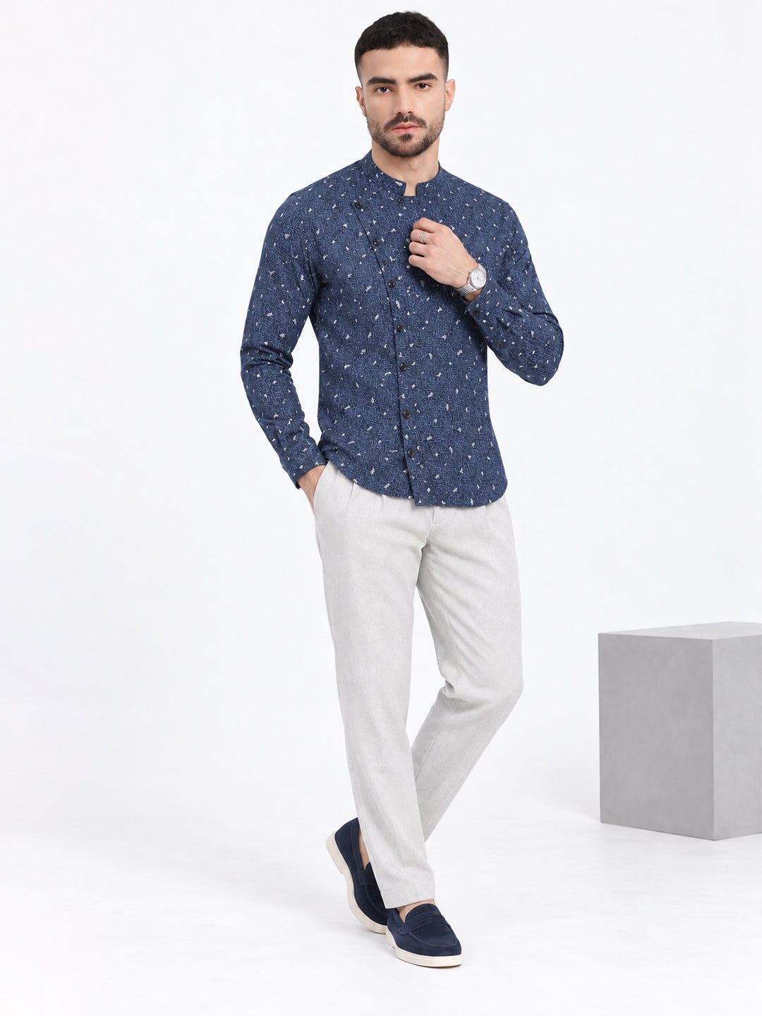 Men’s Printed Blue Slim Fit Mandarin Collar Long Sleeves Shirt